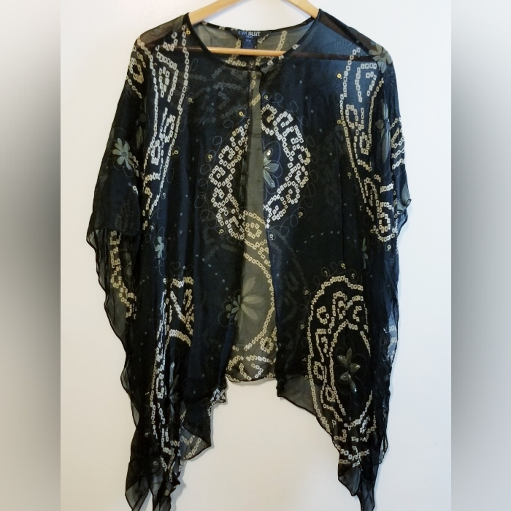 Eva Blue Black Gold Embellished Crinkle Beaded Motif Cover Up Wrap Plus 14W